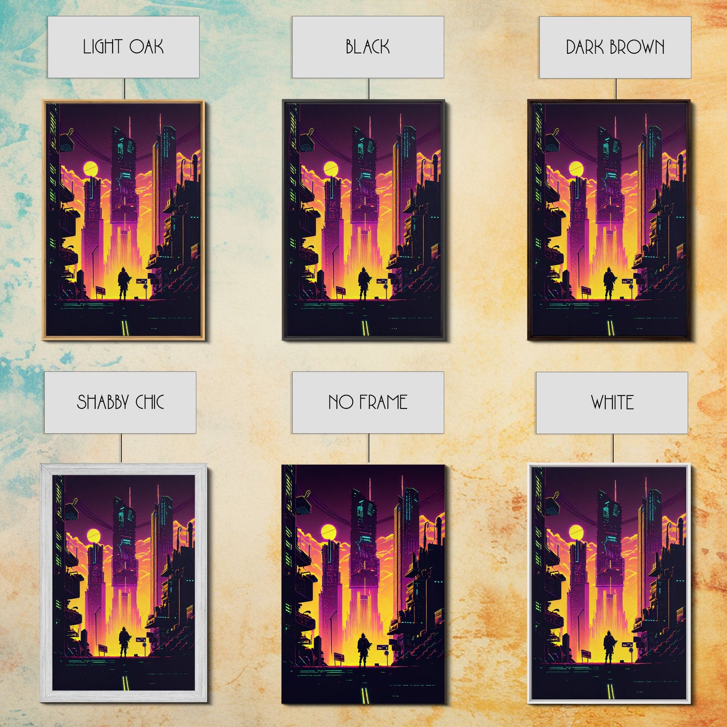 Cyberpunk art, Retrowave style dystopian cityscape art, game room art, framed canvas print, retro wave city skyline