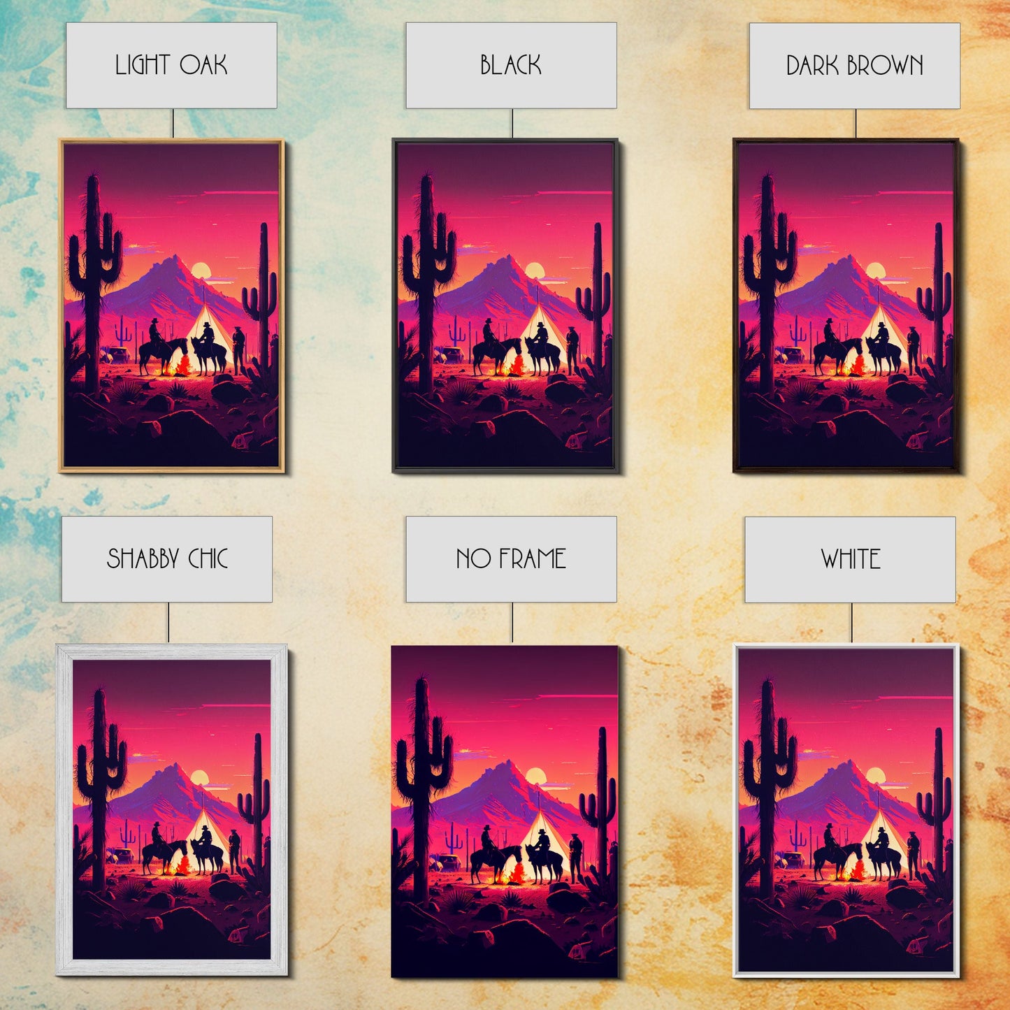 Wild West Outlaw decor, camping in the Arizona desert, Cactus art, framed canvas print