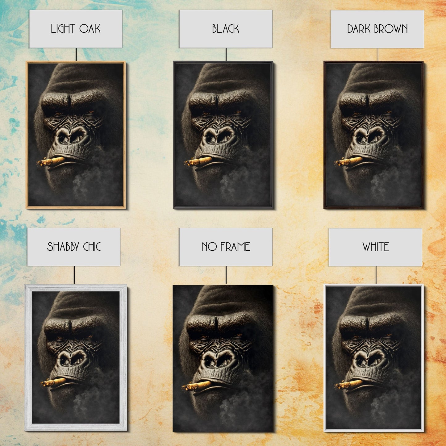 Smoking Gorilla canvas framed wall art, Gorilla Smoking print, Animal Print, Monkey Canvas print, Wall Decor