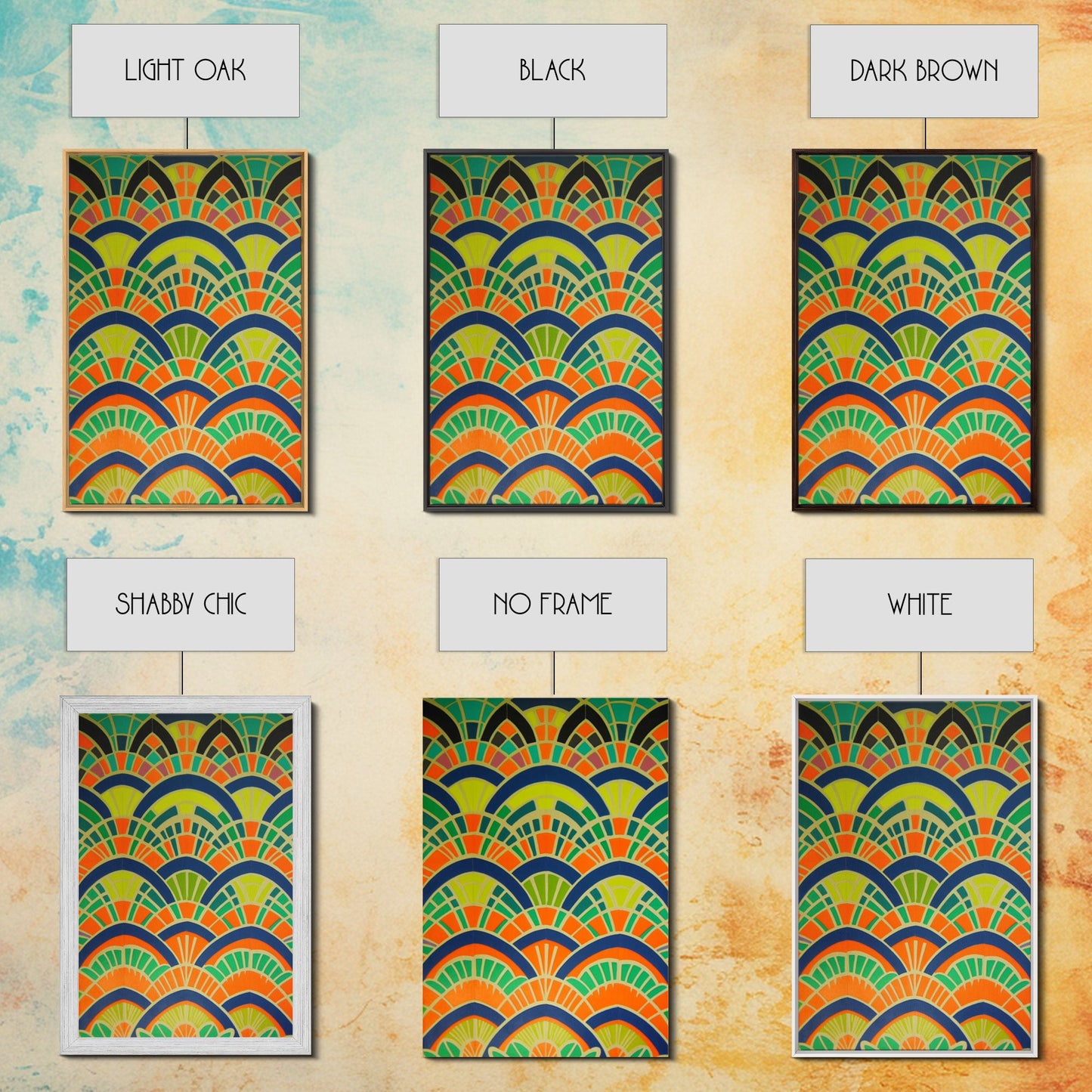 Art Deco Pattern Wall art, Framed Canvas Print, Art Deco, Wall art, Patterns art, Green colors art, Living room art, Colorful painting