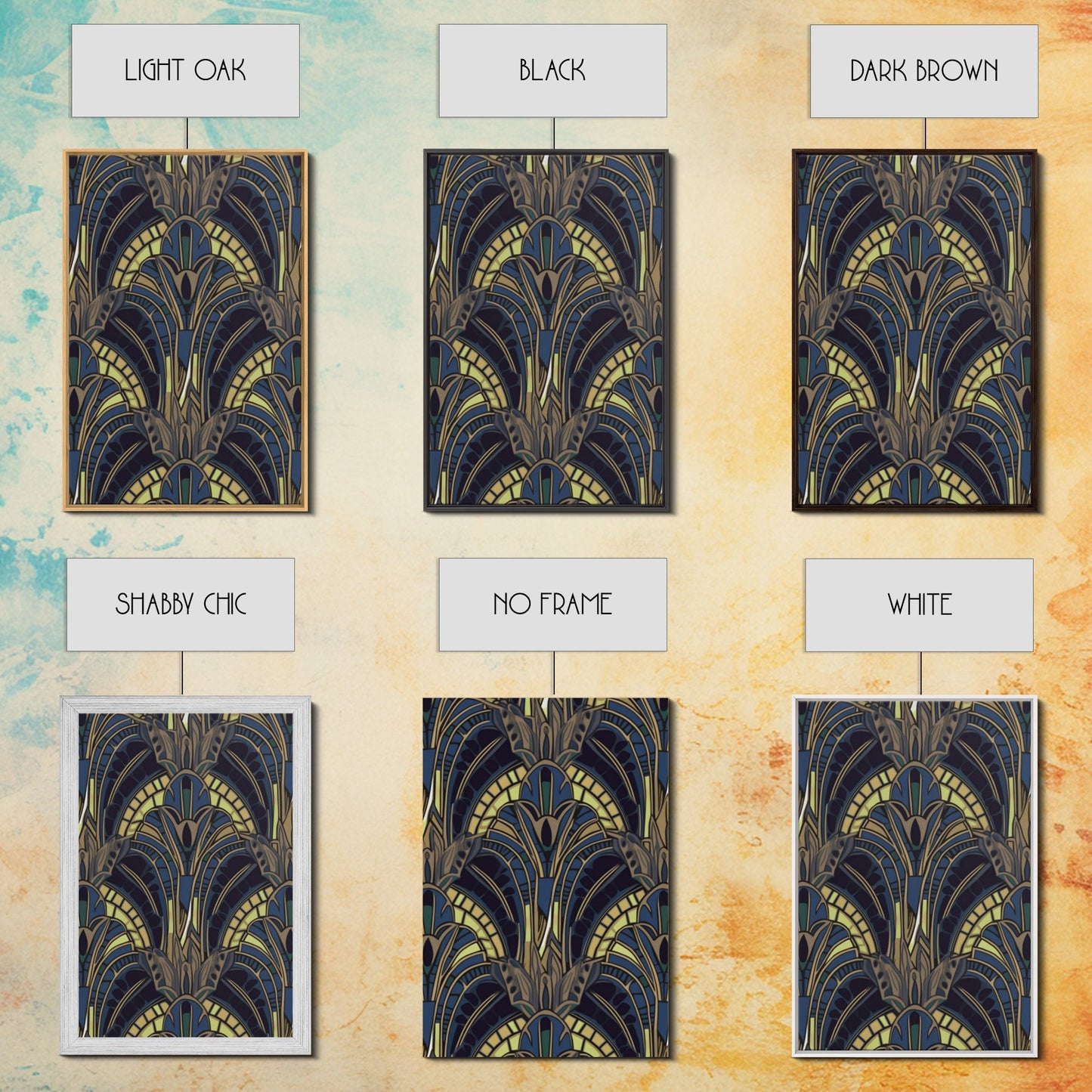 Midcentury Modern Wall art - Framed Canvas Print - Art Deco - Blue colors - Stained glass art - Patterns art - Mosaic art - Living room art