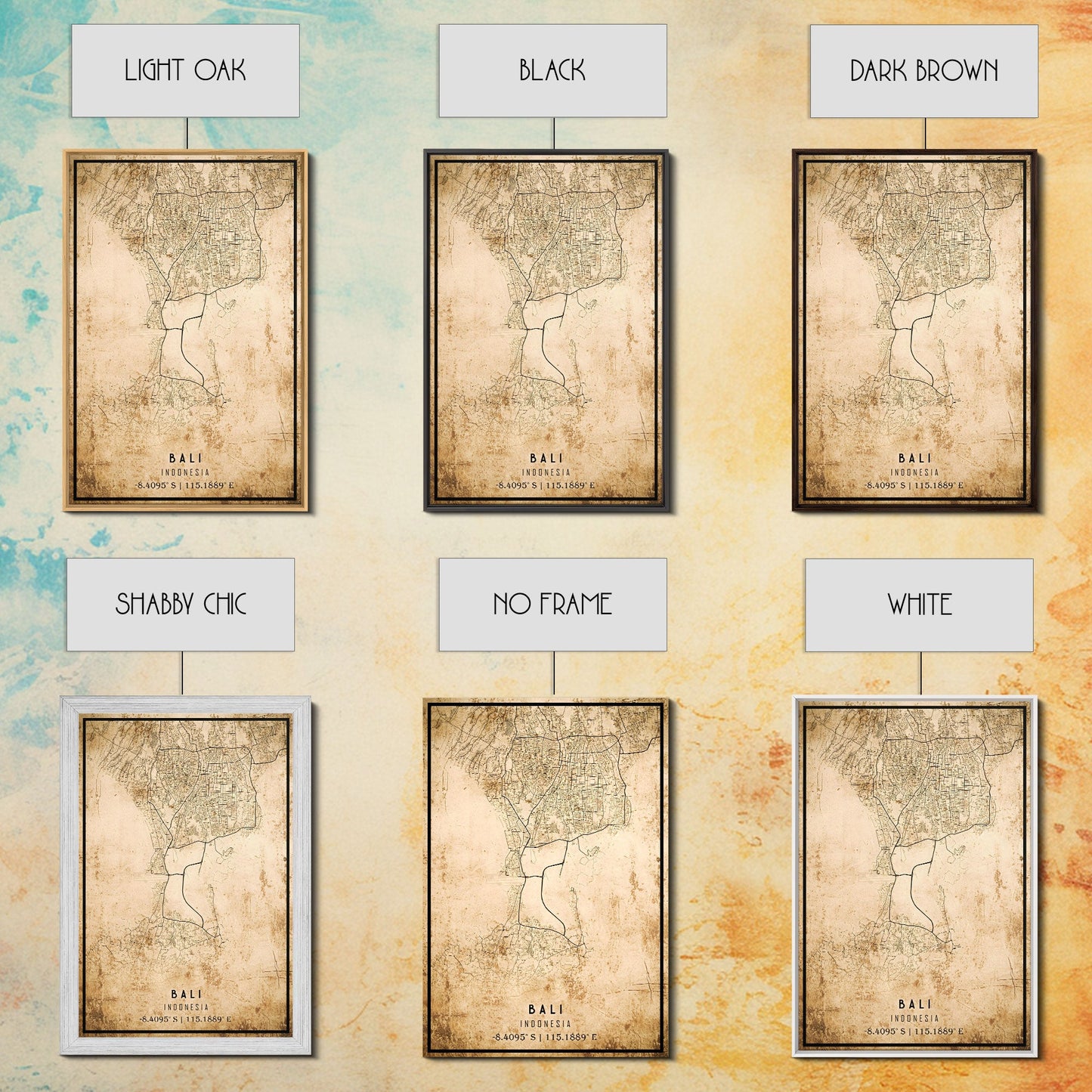 Vintage Bali Indonesia City Map Wall Art Canvas Print, Distressed Style Bali Map, Framed Wall Art, Cool Bali Travel Wall Art, Office Art