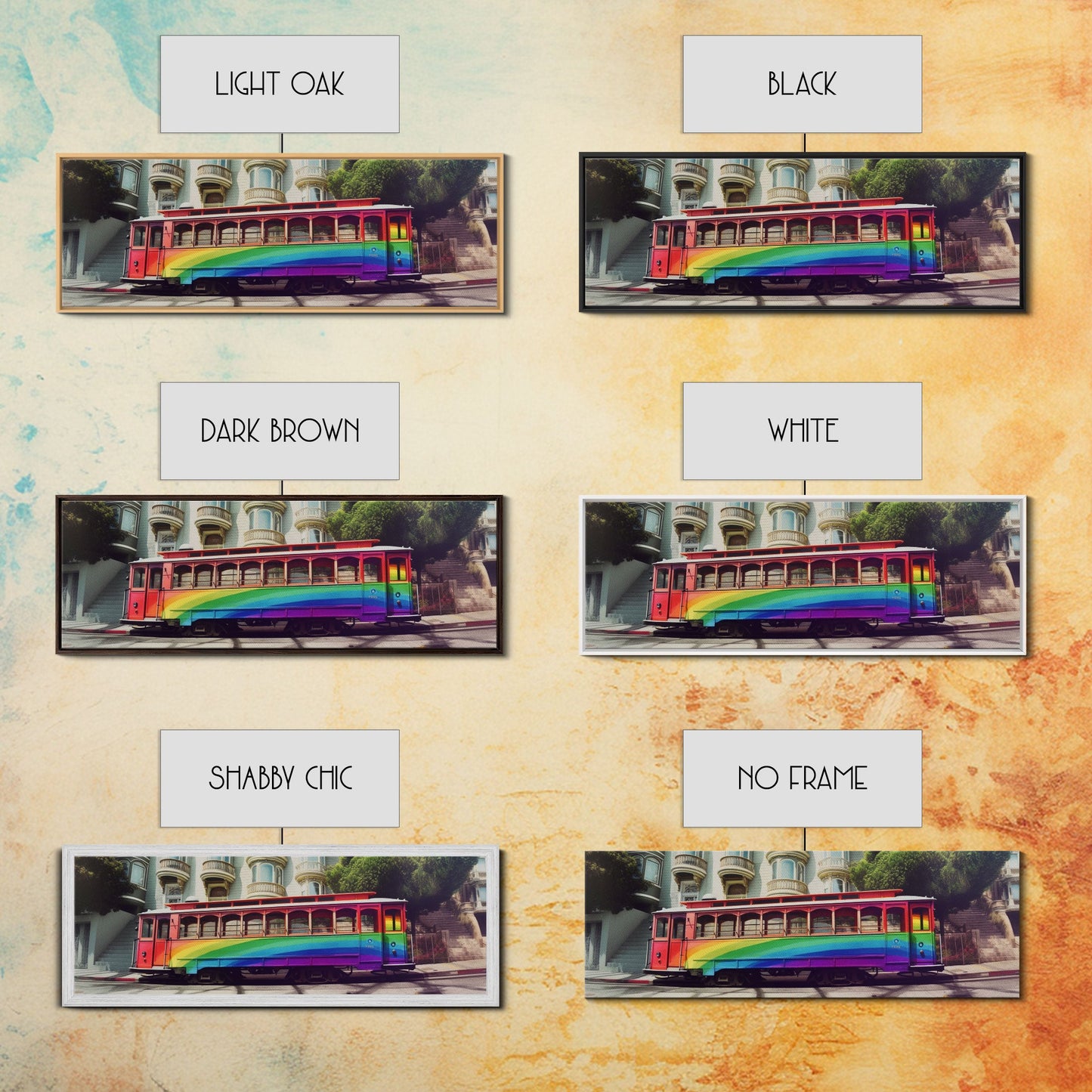 Rainbow Streetcar Canvas Print, Tram Wall Decor, Urban Art, Large Canvas Print, Framed Art, Wall Decor, Panoramic, Wall Art, Canvas Print