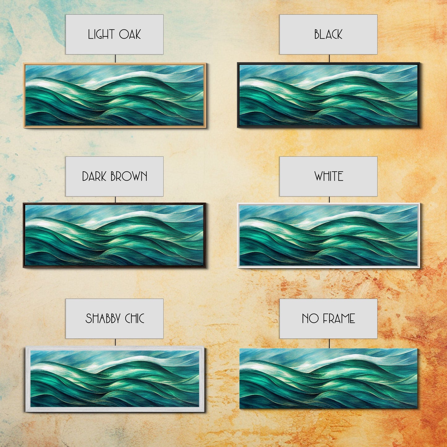 Sea Green Ocean Waves, Ready To Hang Canvas Print, Panoramic Art Deco Style Wall Decor, Emerald Green Wall Art