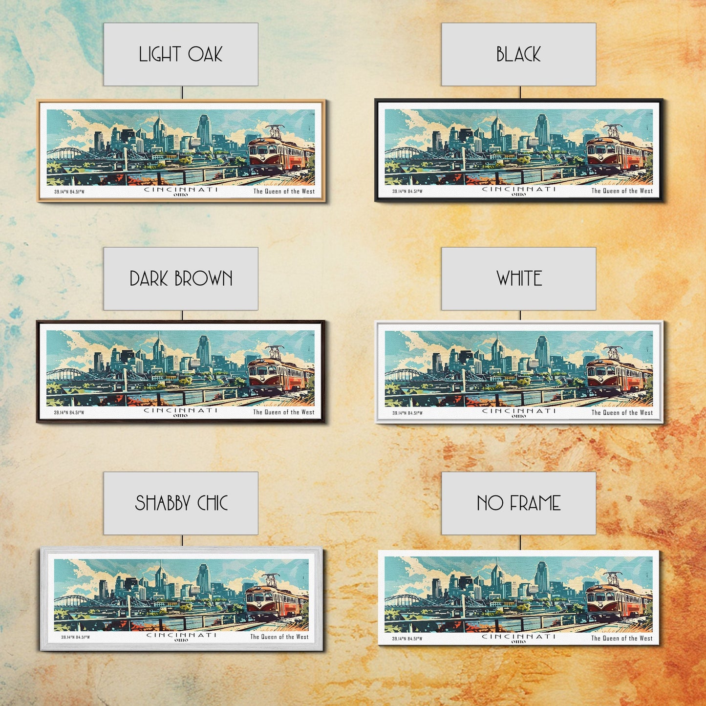 Cincinnati Ohio Panoramic Wall Art, Retro Pop Art Framed Canvas Print, Mid Century Modern Travel Poster, Living Room Decor, Wall Hanging, Office Art