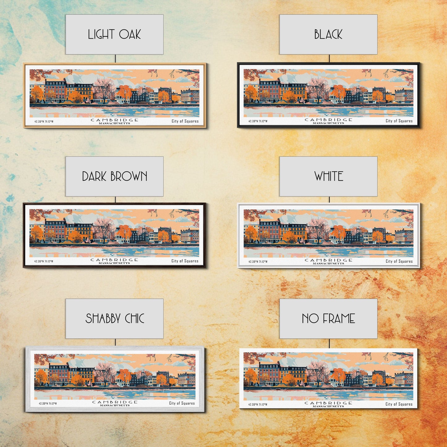 Cambridge Massachusetts Panoramic Painting, Mid Century Modern Framed Canvas Print, Retro Pop Art Travel Poster, Home Decor, City Print