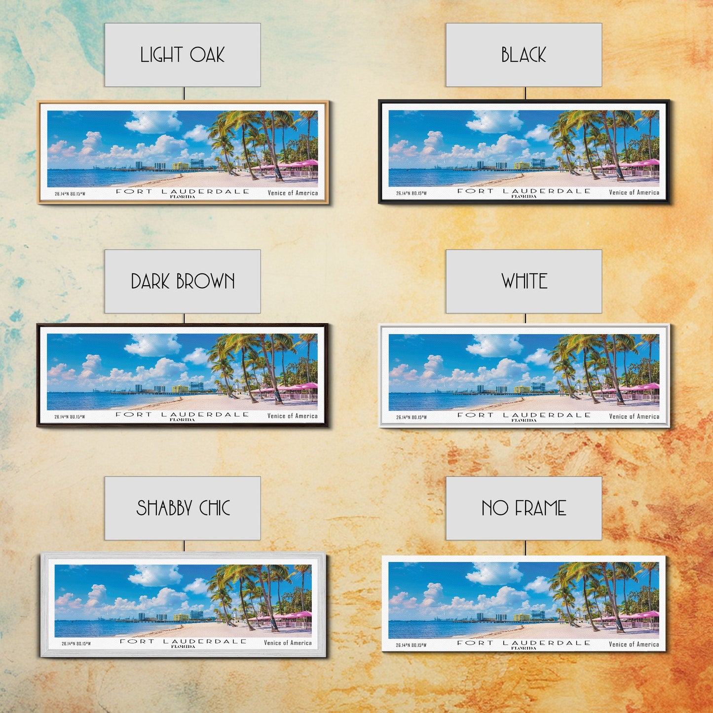 Fort Lauderdale Florida Panoramic Painting, Mid Century Modern Framed Canvas Print, Retro Pop Art Travel Poster, City Wall Art