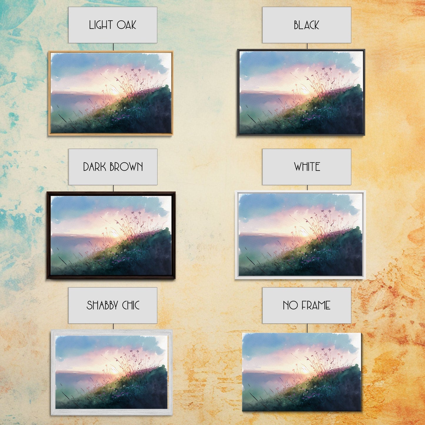 Serene Sunset, Watercolor Landscape Art, Framed Canvas Print, colorful wall art, above couch living room art