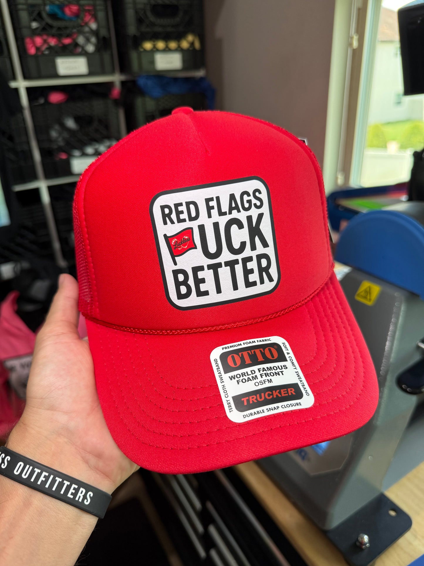 Red Flags Fuck Better Trucker Hat by Luckless Outfitters