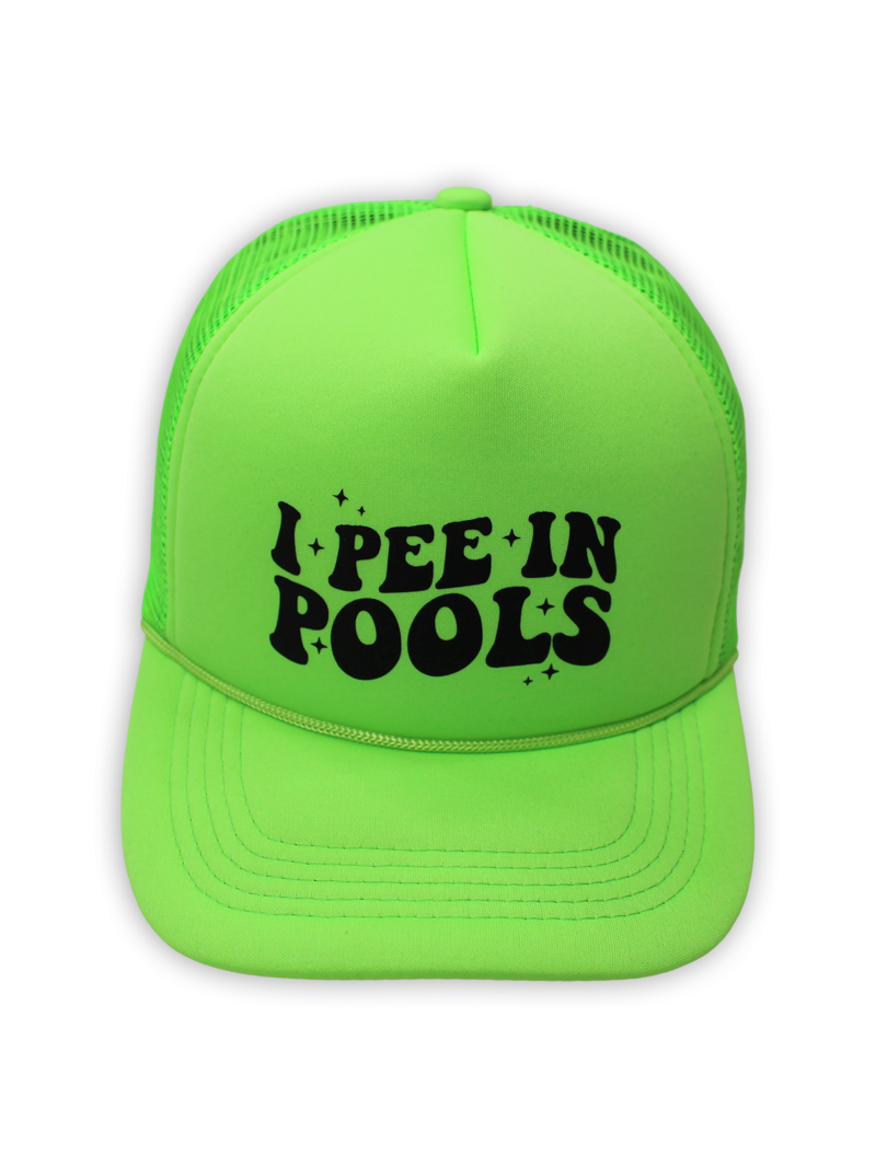 I Pee in Pools Neon Green Foam Trucker Hat with Black Puff Print and Adjustable Snapback