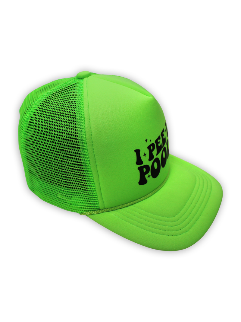 I Pee in Pools Neon Green Foam Trucker Hat with Black Puff Print and Adjustable Snapback