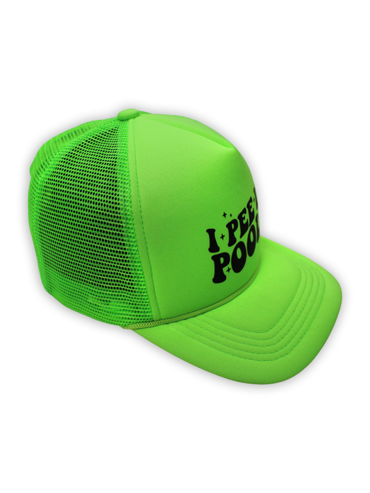 I Pee in Pools Neon Green Foam Trucker Hat with Black Puff Print and Adjustable Snapback