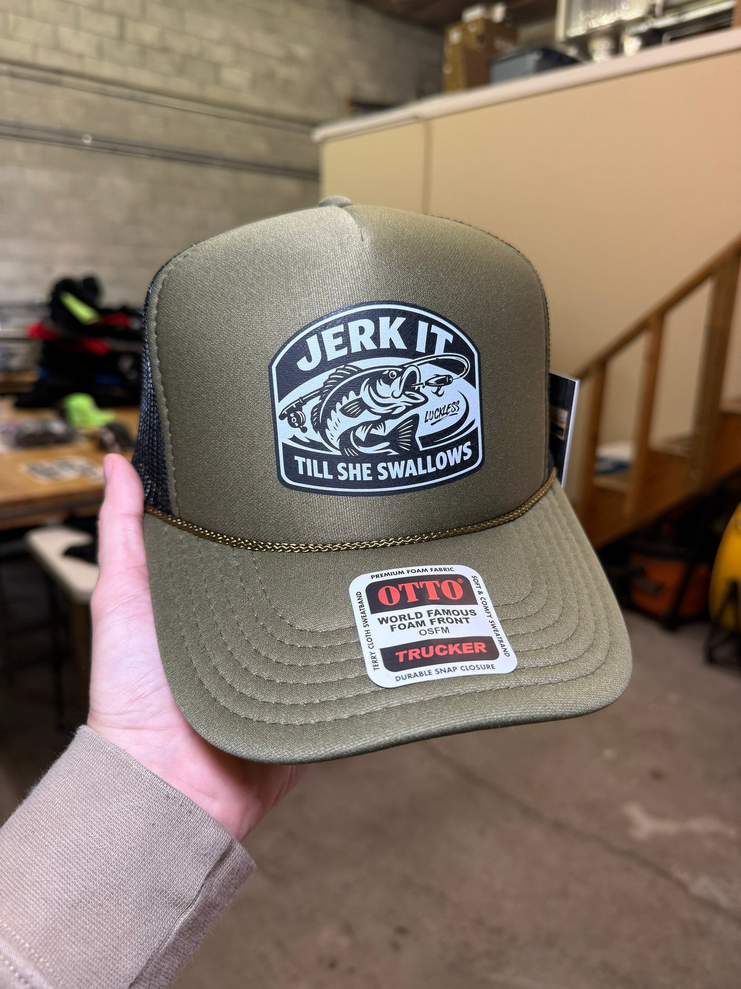 Jerk It Till She Swallows Funny Fishing Trucker Hat by Luckless Outfitters