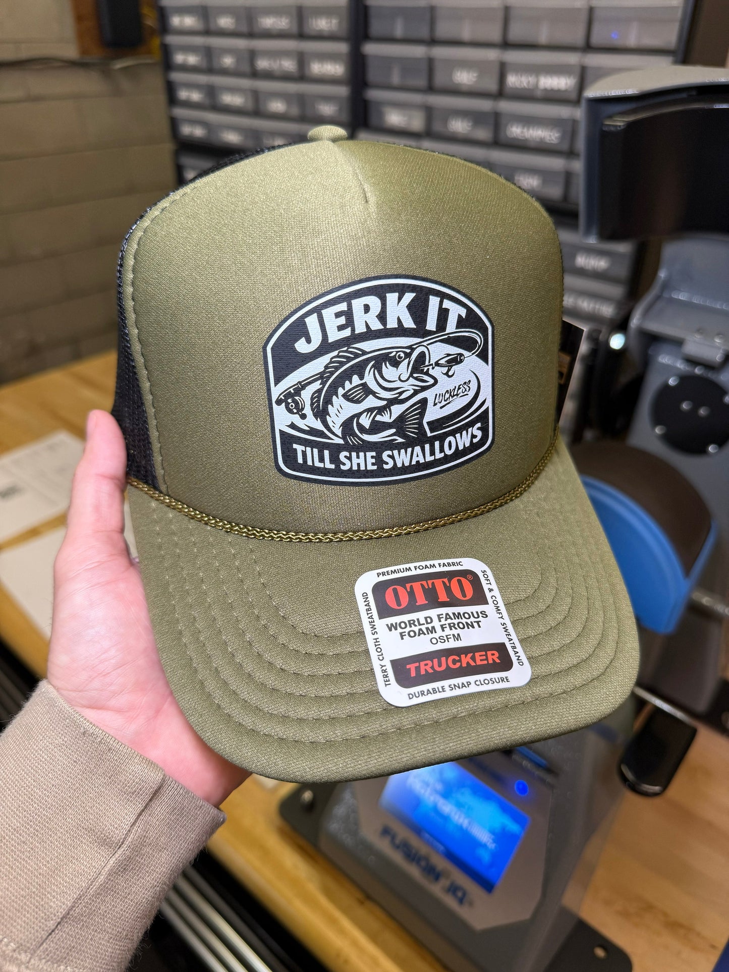 Jerk It Till She Swallows Funny Fishing Trucker Hat by Luckless Outfitters