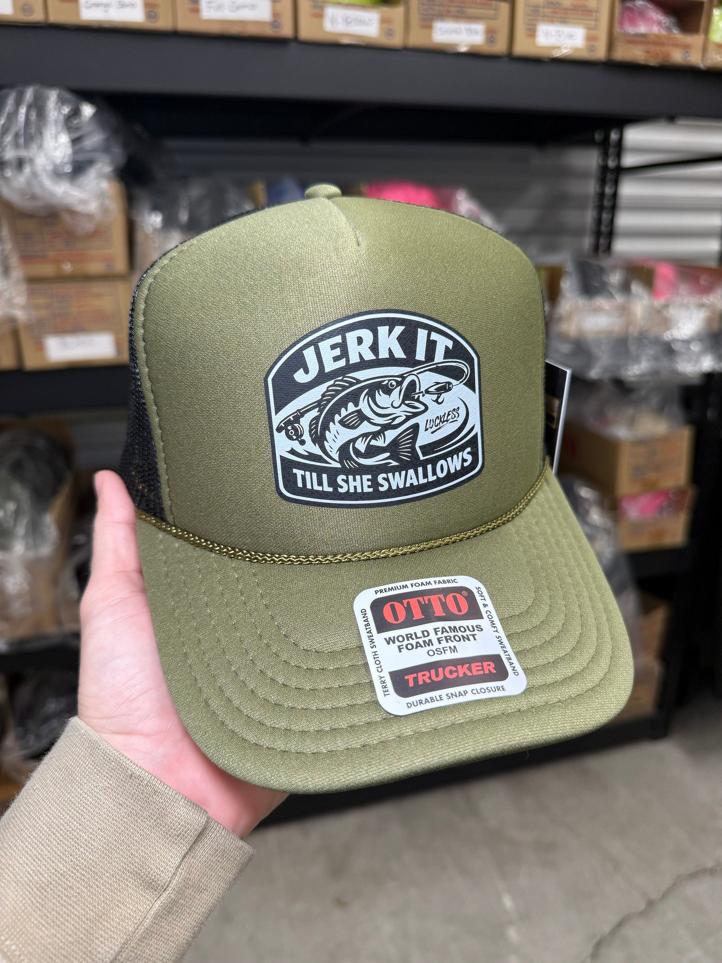 Jerk It Till She Swallows Funny Fishing Trucker Hat by Luckless Outfitters