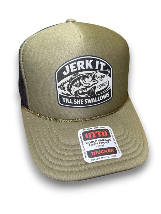 Jerk It Till She Swallows Funny Fishing Trucker Hat by Luckless Outfitters