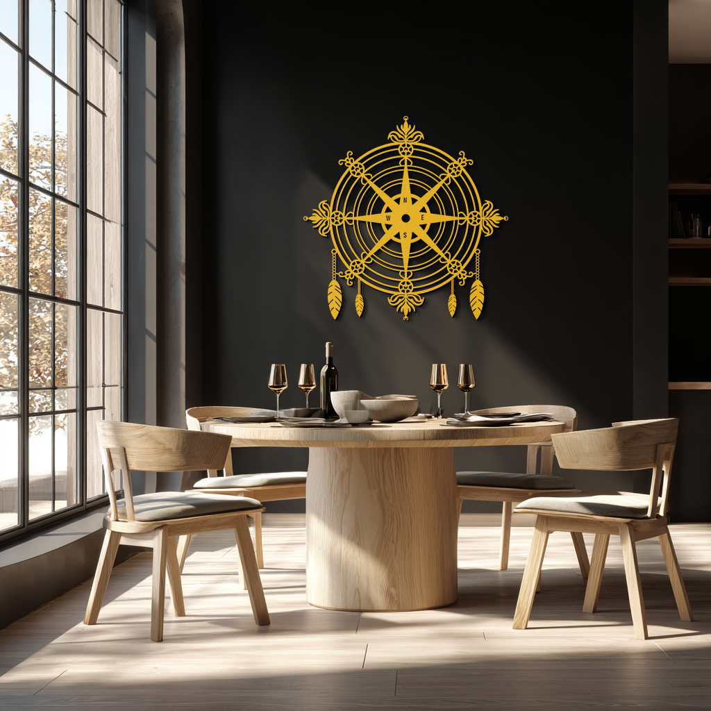 Ornate Compass Rose Metal Wall Art – Decorative Matte Black Steel with Feathers for Nautical and Boho Decor- KAF347