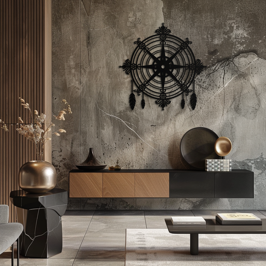 Ornate Compass Rose Metal Wall Art – Decorative Matte Black Steel with Feathers for Nautical and Boho Decor- KAF347