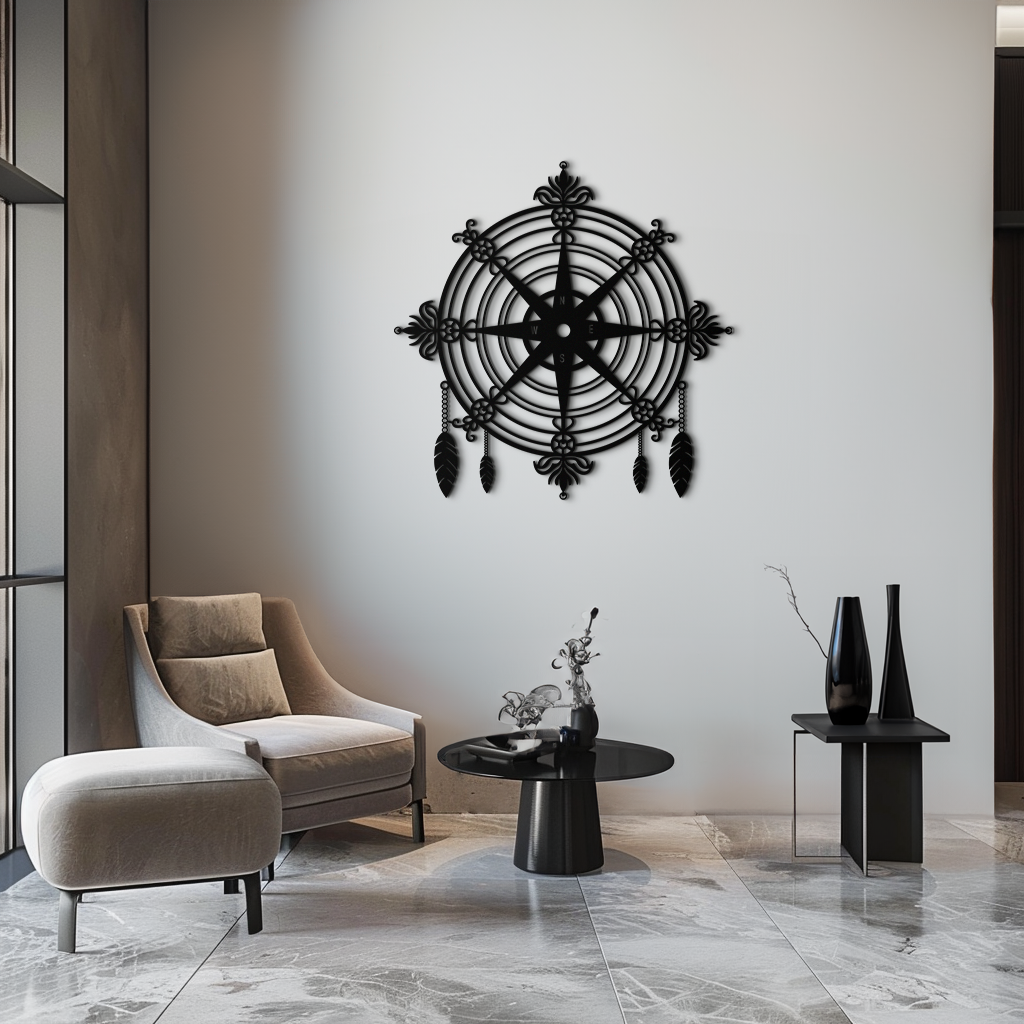 Ornate Compass Rose Metal Wall Art – Decorative Matte Black Steel with Feathers for Nautical and Boho Decor- KAF347