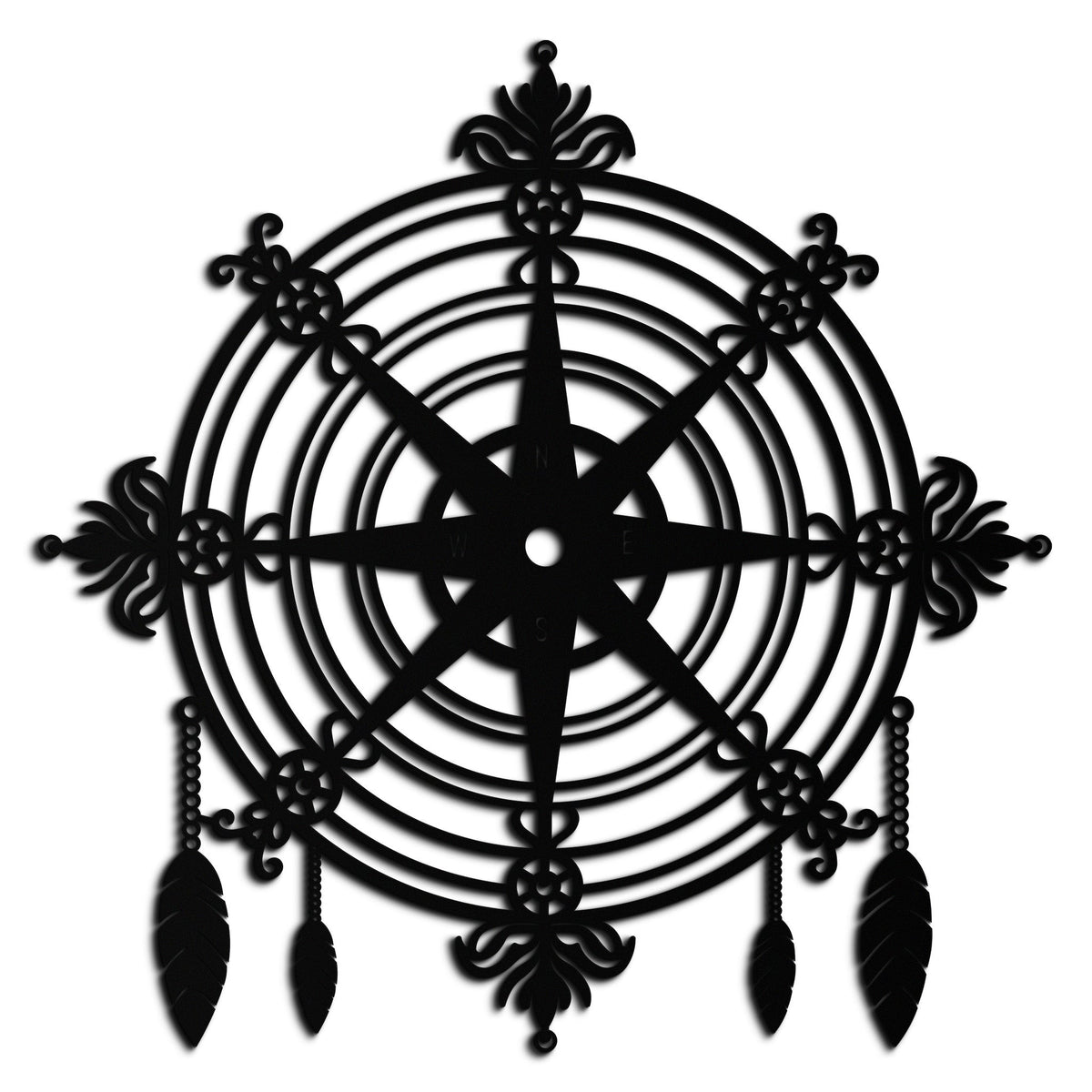 Ornate Compass Rose Metal Wall Art – Decorative Matte Black Steel with Feathers for Nautical and Boho Decor- KAF347