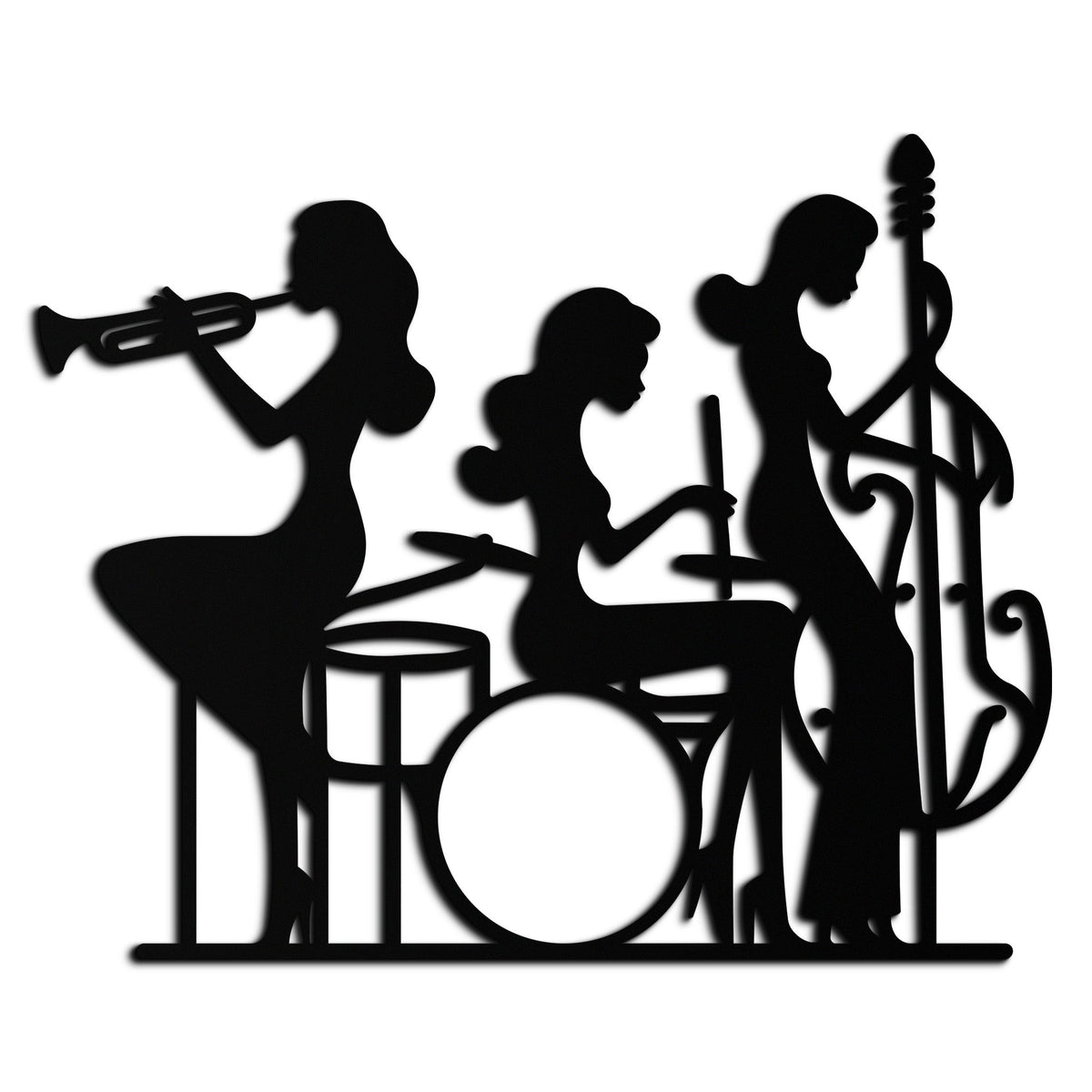Jazz Trio Women Metal Wall Art – Musical Female Silhouette Band Playing Instruments in Black Steel- KAF349