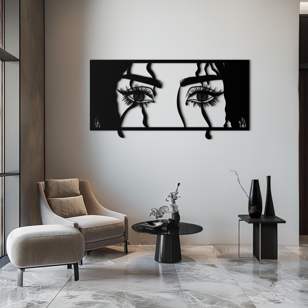 Mysterious Woman Eyes Metal Wall Art – Black Steel Feminine Silhouette Decor for Modern Stylish Interiors- KAF408