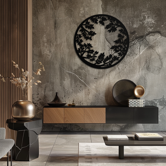 Round Leafy Branches Metal Wall Art – Nature Inspired Circular Black Steel Decor for Modern Interior and Garden- KAF411