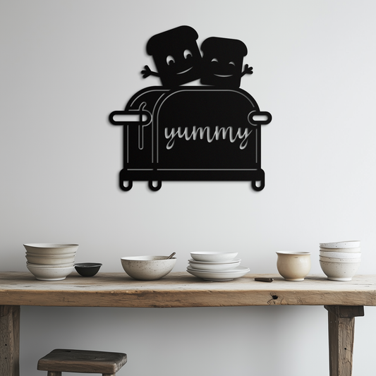 Cute Yummy Toast Metal Wall Art – Playful Kitchen Decor with Smiling Toast Characters on Toaster for Modern Home- KAF412
