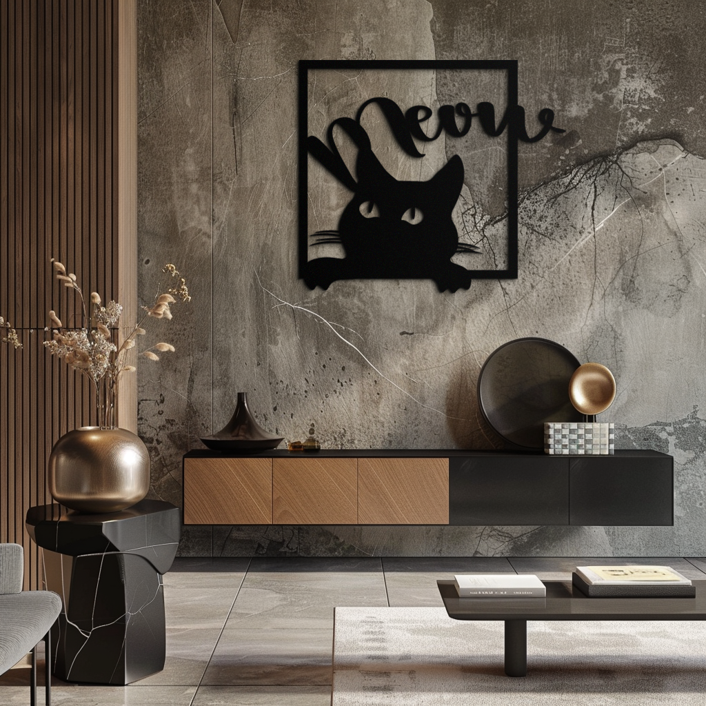 Cute Peeking Cat "Meow" Metal Wall Art – Playful Black Cat Silhouette Steel Decor for Pet Lovers and Home Interiors- KAF425