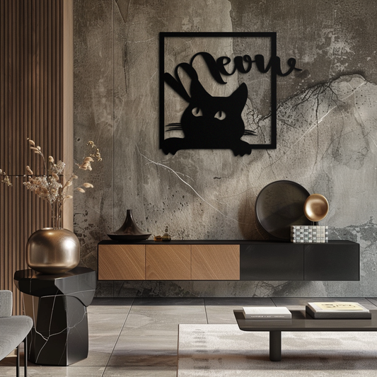 Cute Peeking Cat "Meow" Metal Wall Art – Playful Black Cat Silhouette Steel Decor for Pet Lovers and Home Interiors- KAF425
