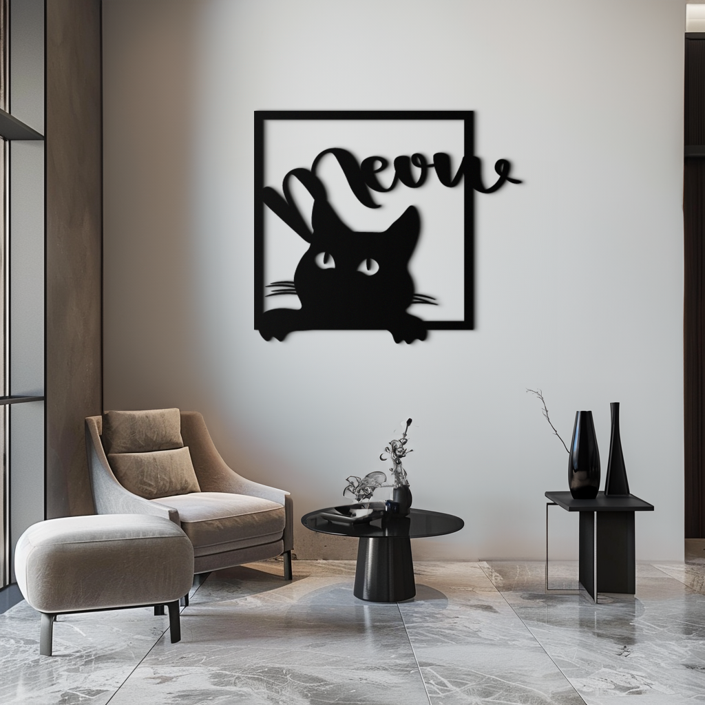 Cute Peeking Cat "Meow" Metal Wall Art – Playful Black Cat Silhouette Steel Decor for Pet Lovers and Home Interiors- KAF425