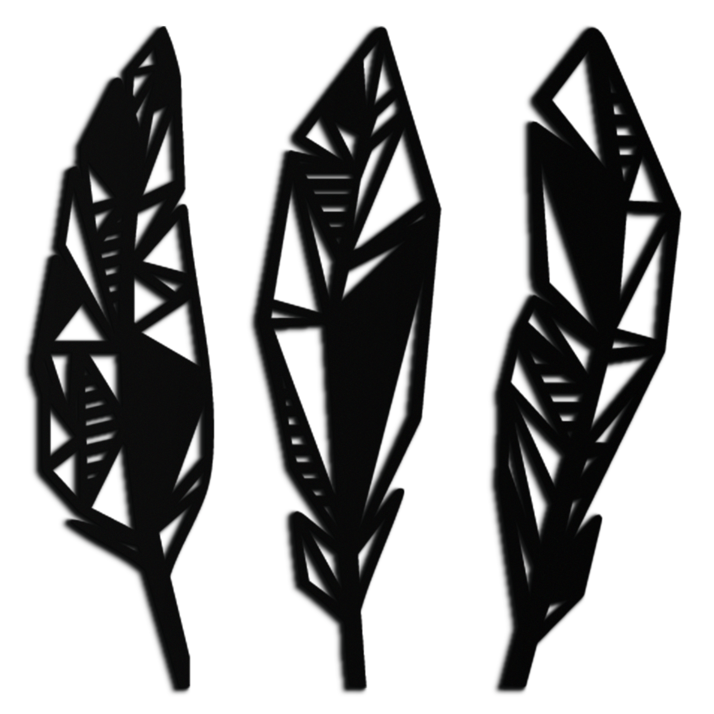 Geometric Feather Trio Metal Wall Art – Abstract Minimalist Black Steel Feather Set for Modern Bohemian Interiors- KAF434