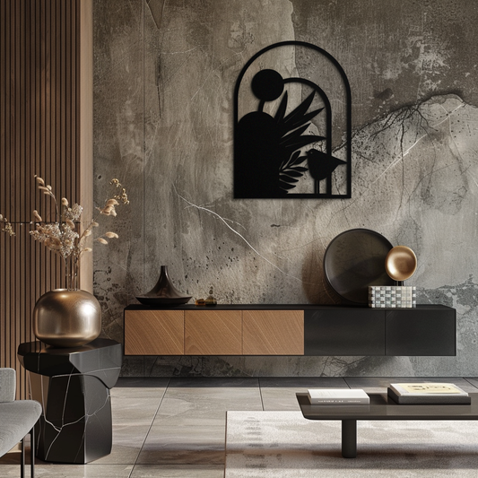 Modern Archway with Bird & Plants Metal Wall Art – Abstract Nature-Inspired Black Steel Decor for Contemporary Interiors- KAF438
