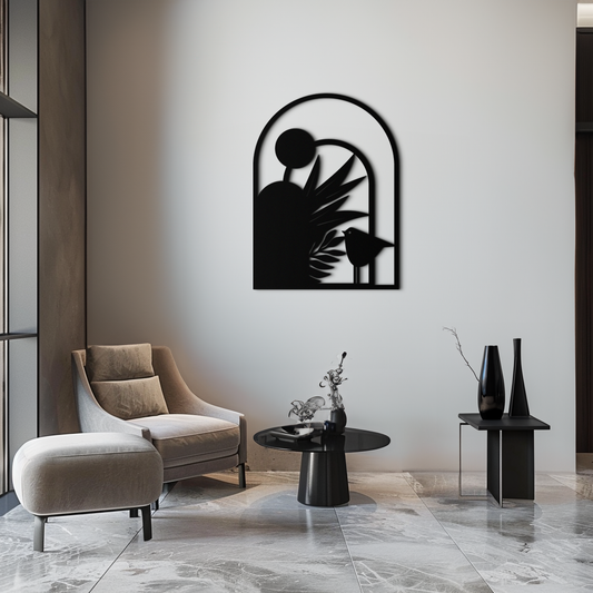 Modern Archway with Bird & Plants Metal Wall Art – Abstract Nature-Inspired Black Steel Decor for Contemporary Interiors- KAF438