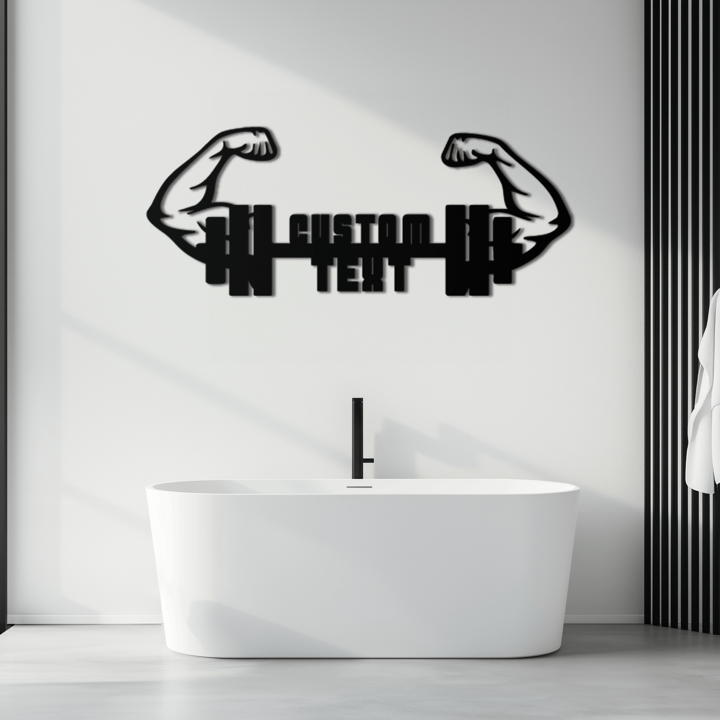 Personalized Fitness Barbell Metal Wall Art – Custom Text Muscular Arms Black Steel Decor for Gym and Workout Spaces- KAF448