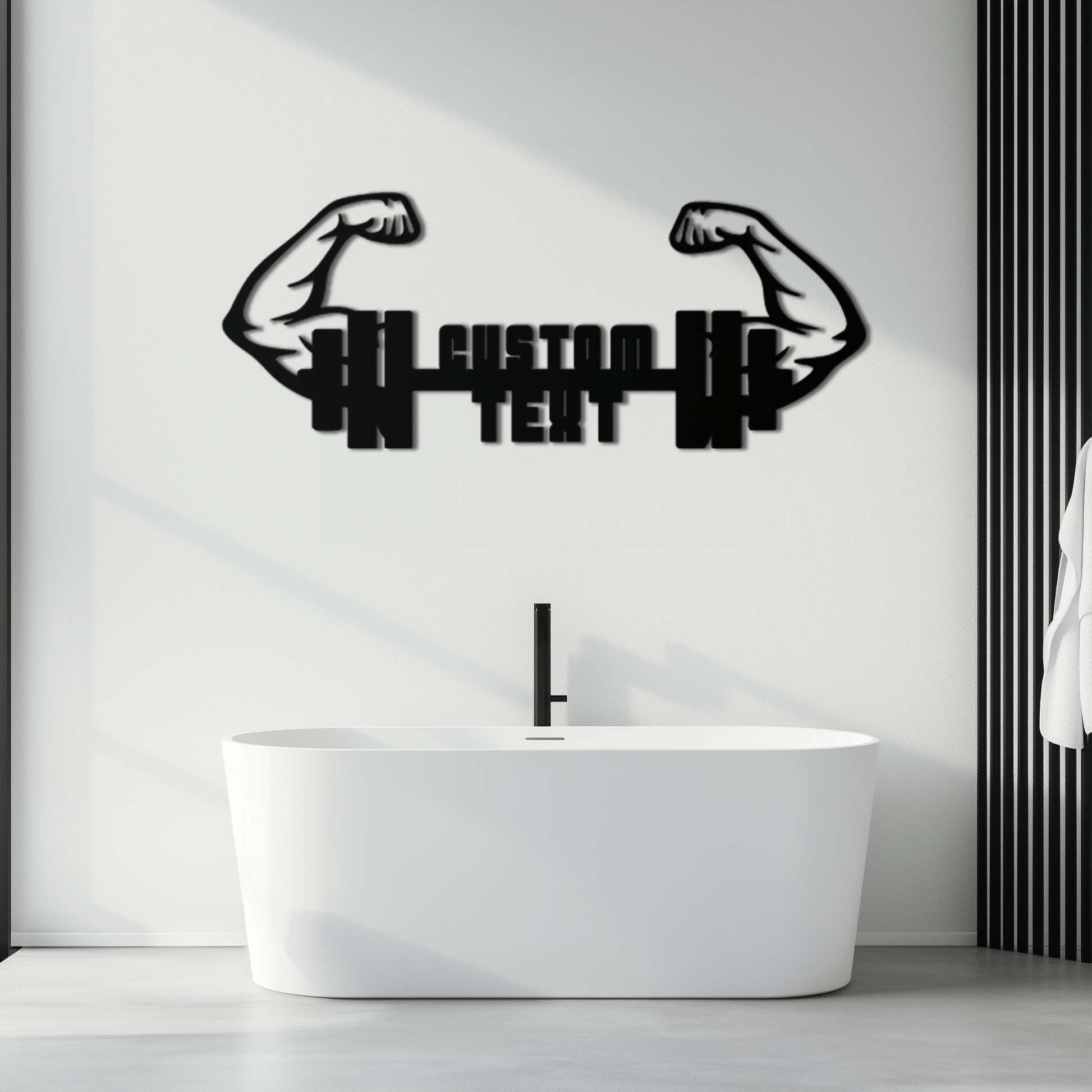 Personalized Fitness Barbell Metal Wall Art – Custom Text Muscular Arms Black Steel Decor for Gym and Workout Spaces- KAF448