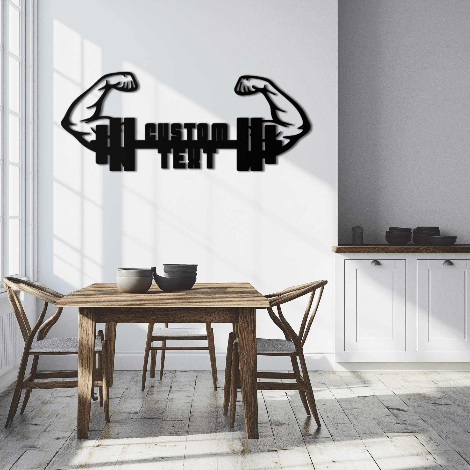 Personalized Fitness Barbell Metal Wall Art – Custom Text Muscular Arms Black Steel Decor for Gym and Workout Spaces- KAF448