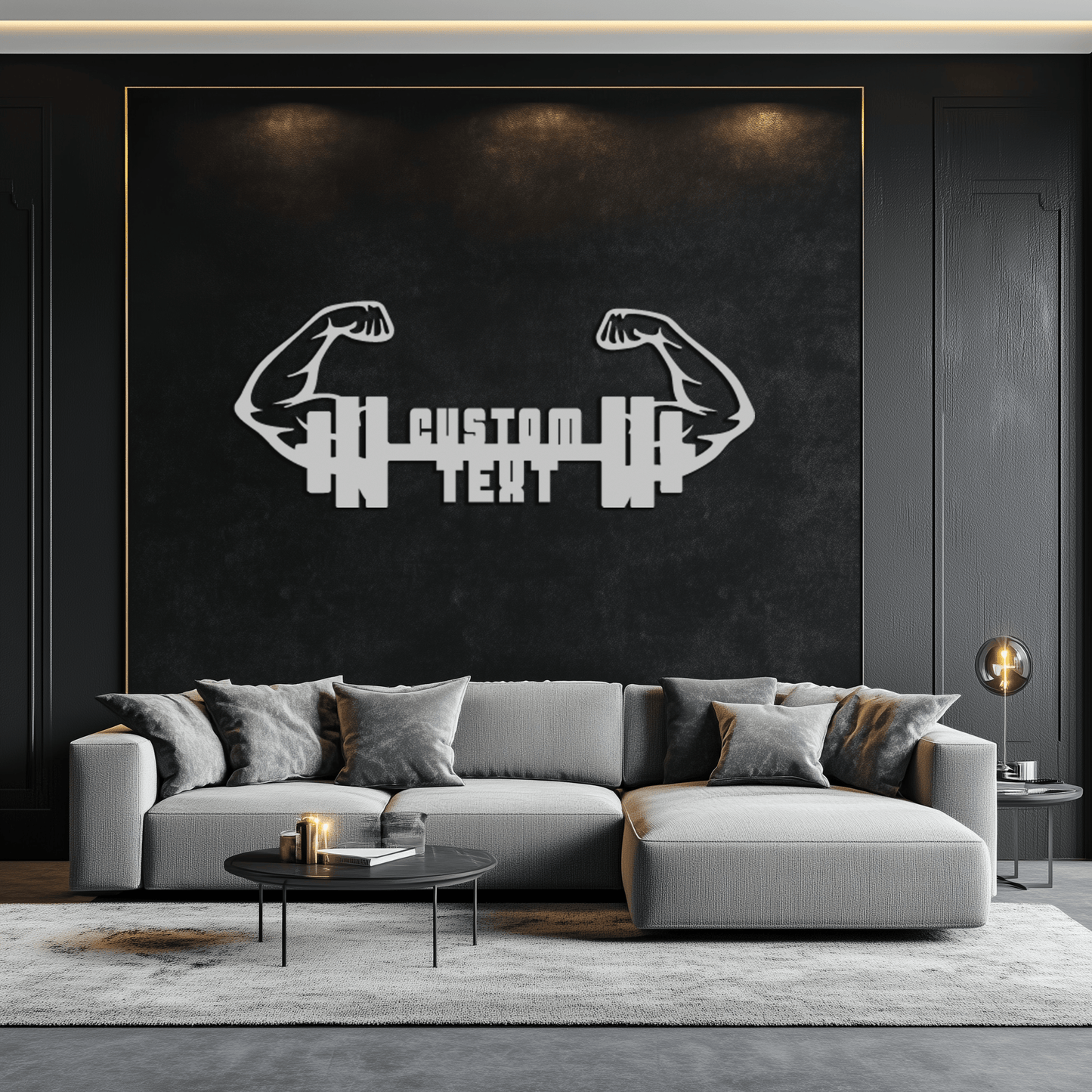 Personalized Fitness Barbell Metal Wall Art – Custom Text Muscular Arms Black Steel Decor for Gym and Workout Spaces- KAF448