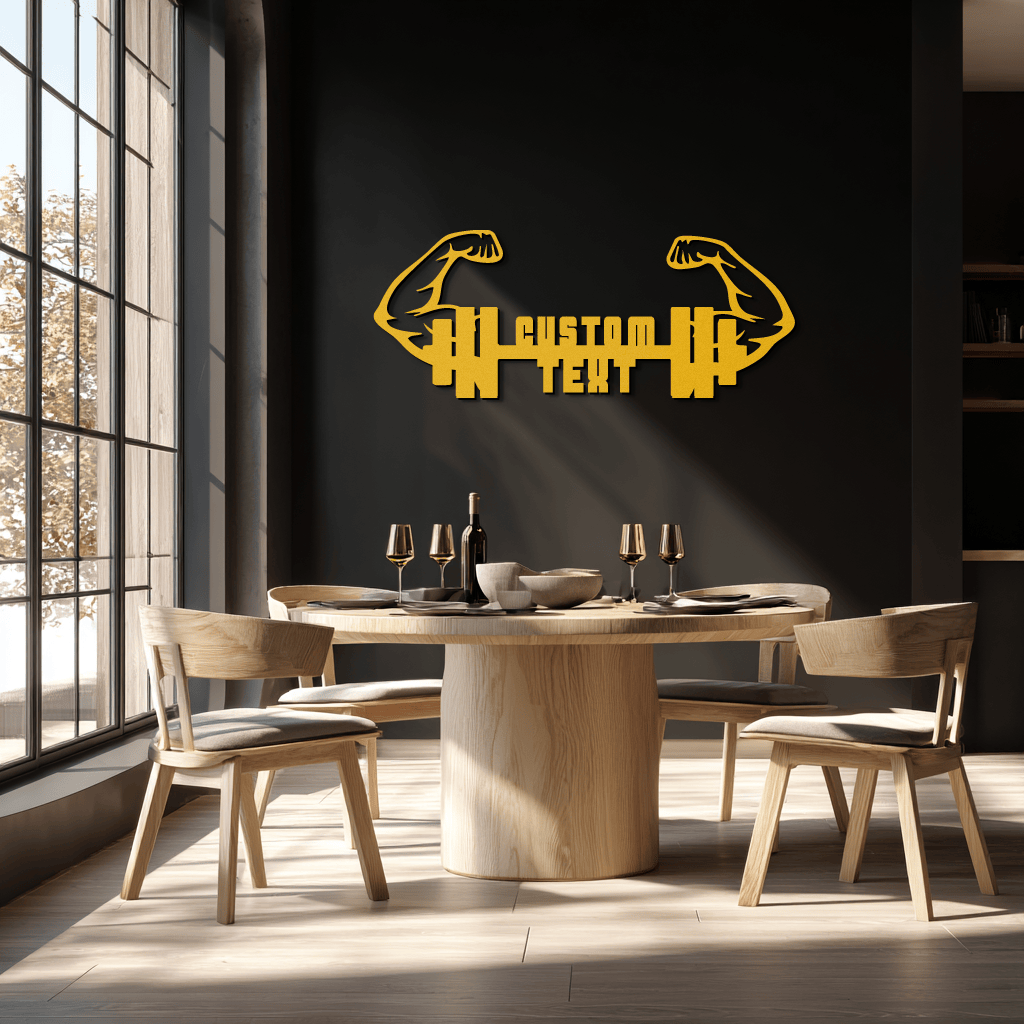 Personalized Fitness Barbell Metal Wall Art – Custom Text Muscular Arms Black Steel Decor for Gym and Workout Spaces- KAF448