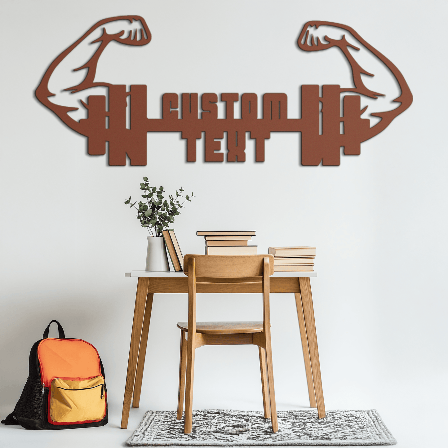 Personalized Fitness Barbell Metal Wall Art – Custom Text Muscular Arms Black Steel Decor for Gym and Workout Spaces- KAF448
