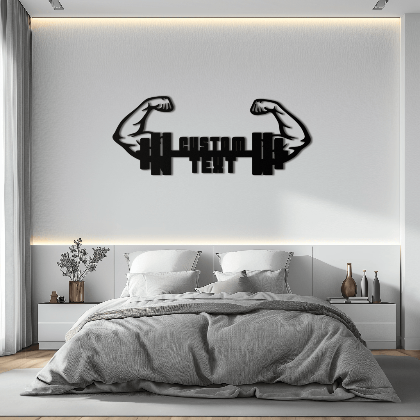 Personalized Fitness Barbell Metal Wall Art – Custom Text Muscular Arms Black Steel Decor for Gym and Workout Spaces- KAF448