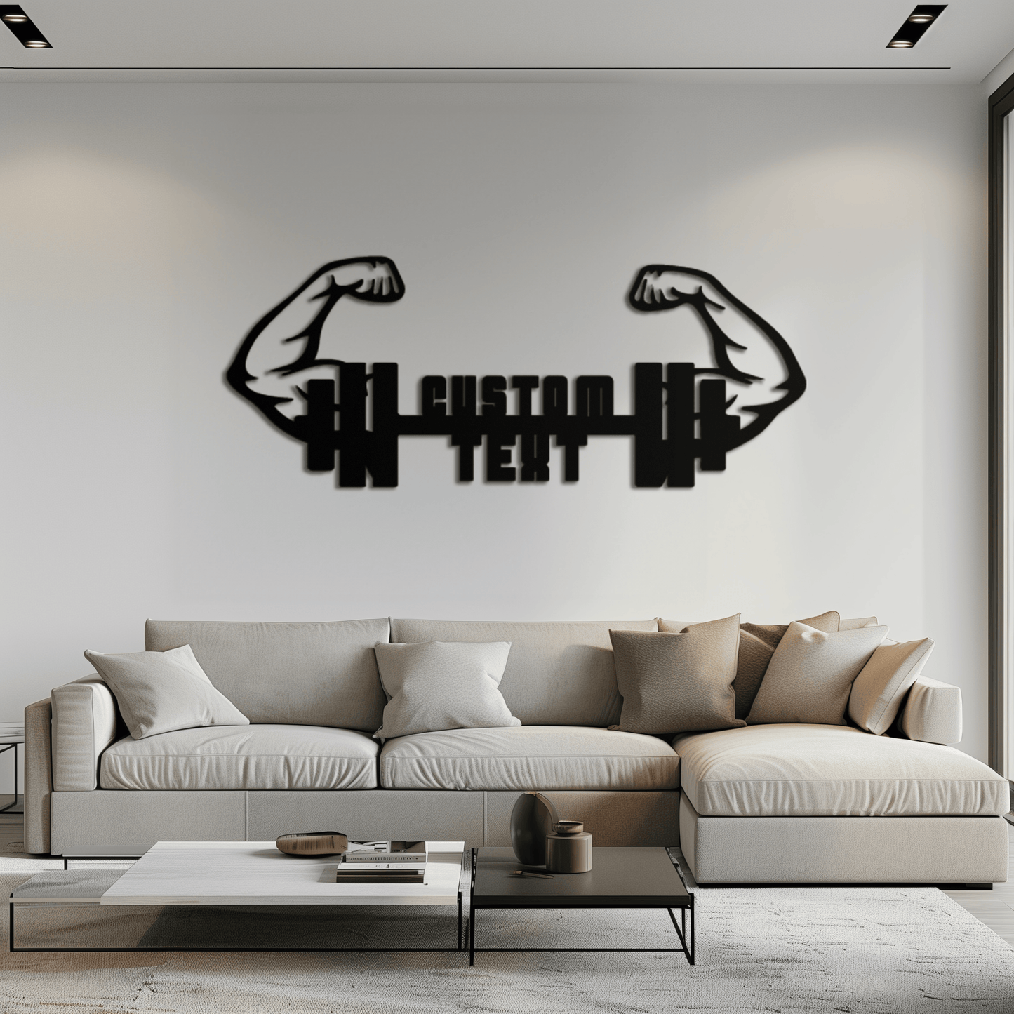 Personalized Fitness Barbell Metal Wall Art – Custom Text Muscular Arms Black Steel Decor for Gym and Workout Spaces- KAF448