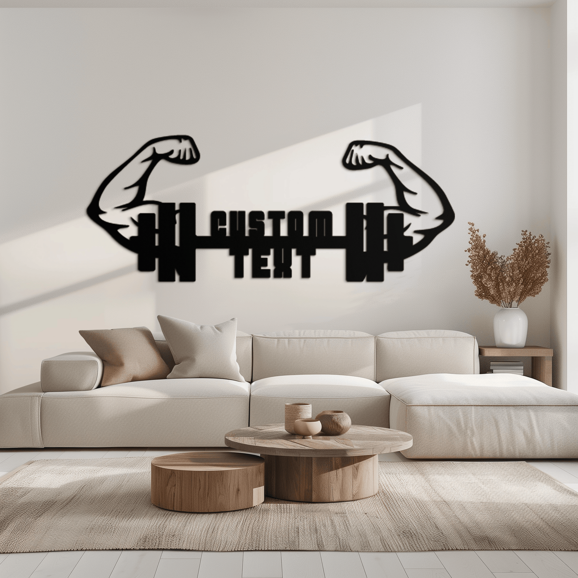 Personalized Fitness Barbell Metal Wall Art – Custom Text Muscular Arms Black Steel Decor for Gym and Workout Spaces- KAF448