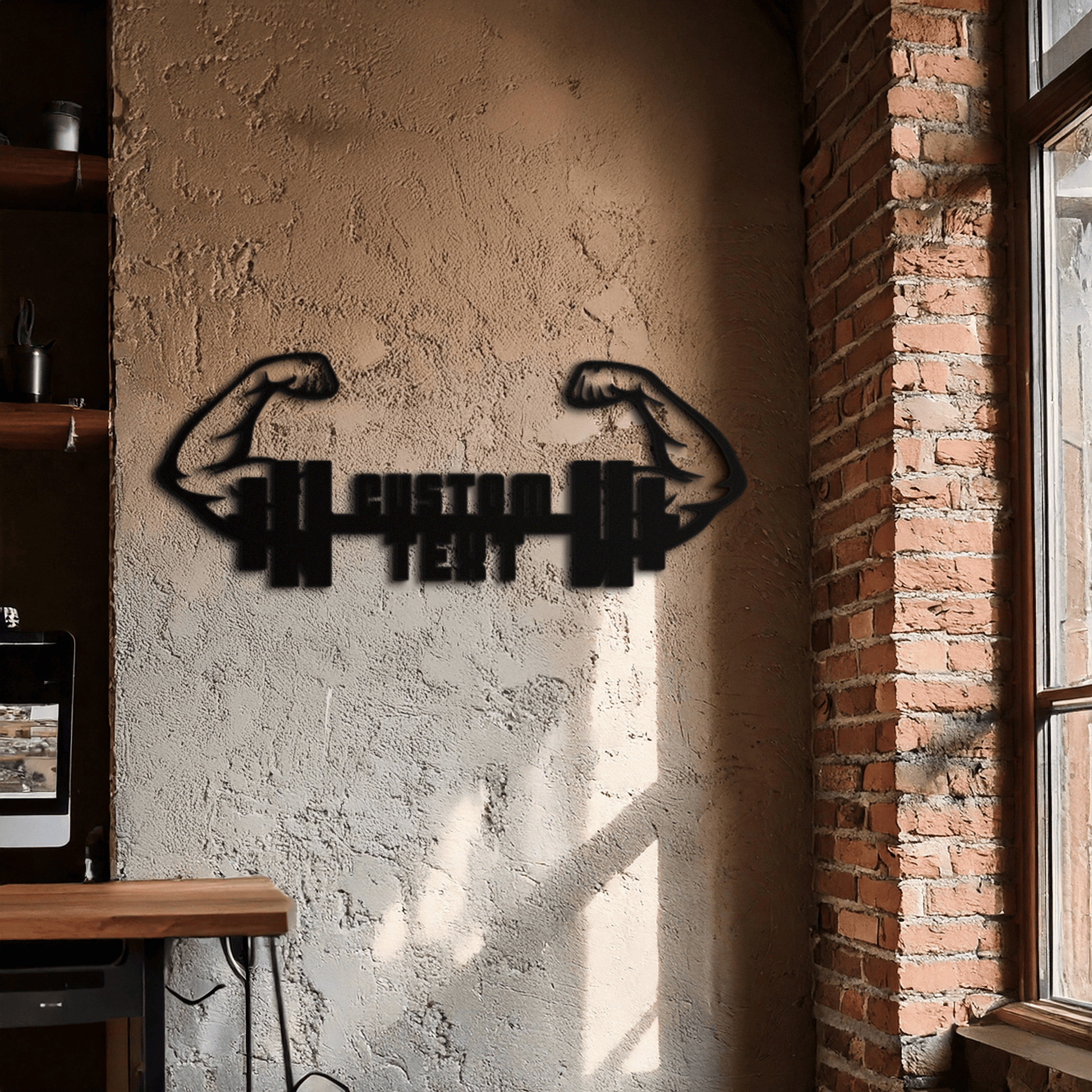 Personalized Fitness Barbell Metal Wall Art – Custom Text Muscular Arms Black Steel Decor for Gym and Workout Spaces- KAF448