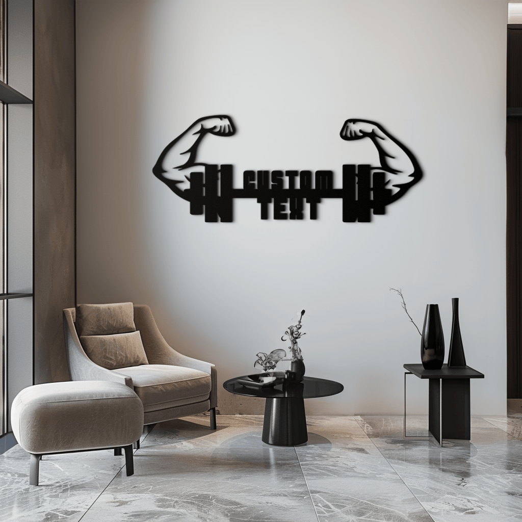 Personalized Fitness Barbell Metal Wall Art – Custom Text Muscular Arms Black Steel Decor for Gym and Workout Spaces- KAF448