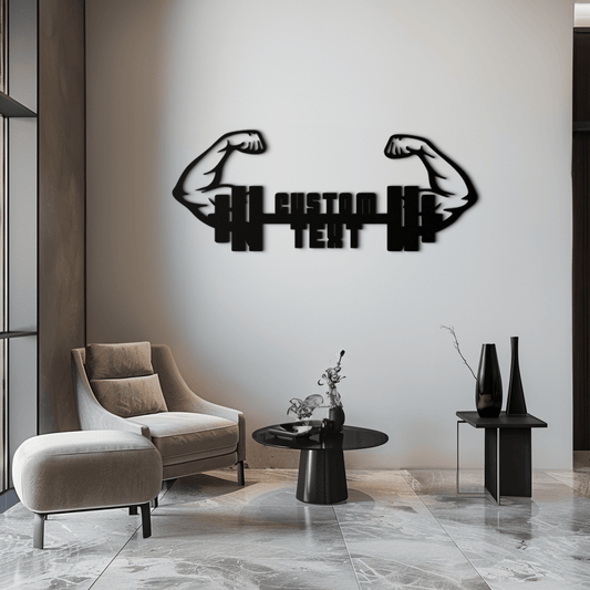Personalized Fitness Barbell Metal Wall Art – Custom Text Muscular Arms Black Steel Decor for Gym and Workout Spaces- KAF448
