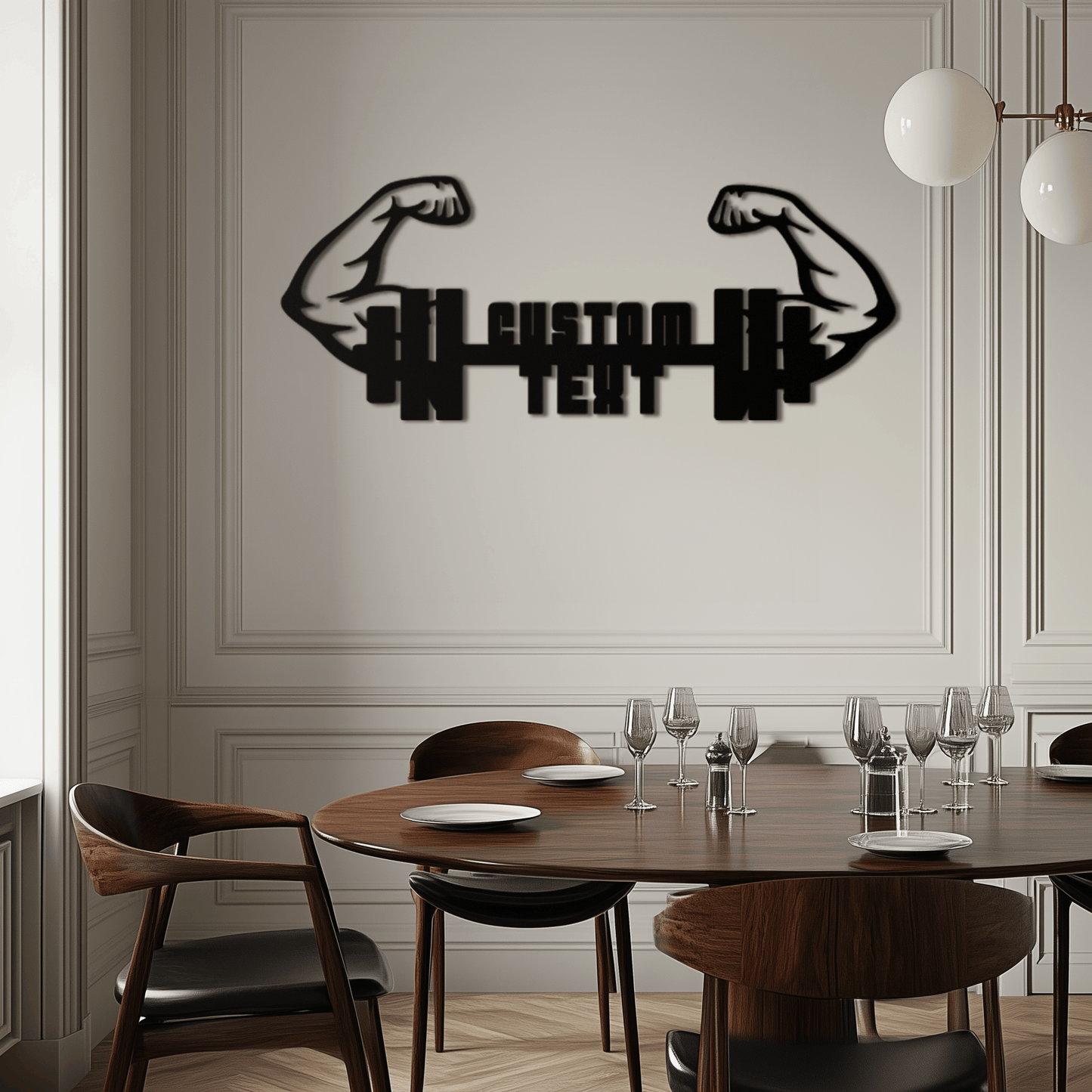 Personalized Fitness Barbell Metal Wall Art – Custom Text Muscular Arms Black Steel Decor for Gym and Workout Spaces- KAF448