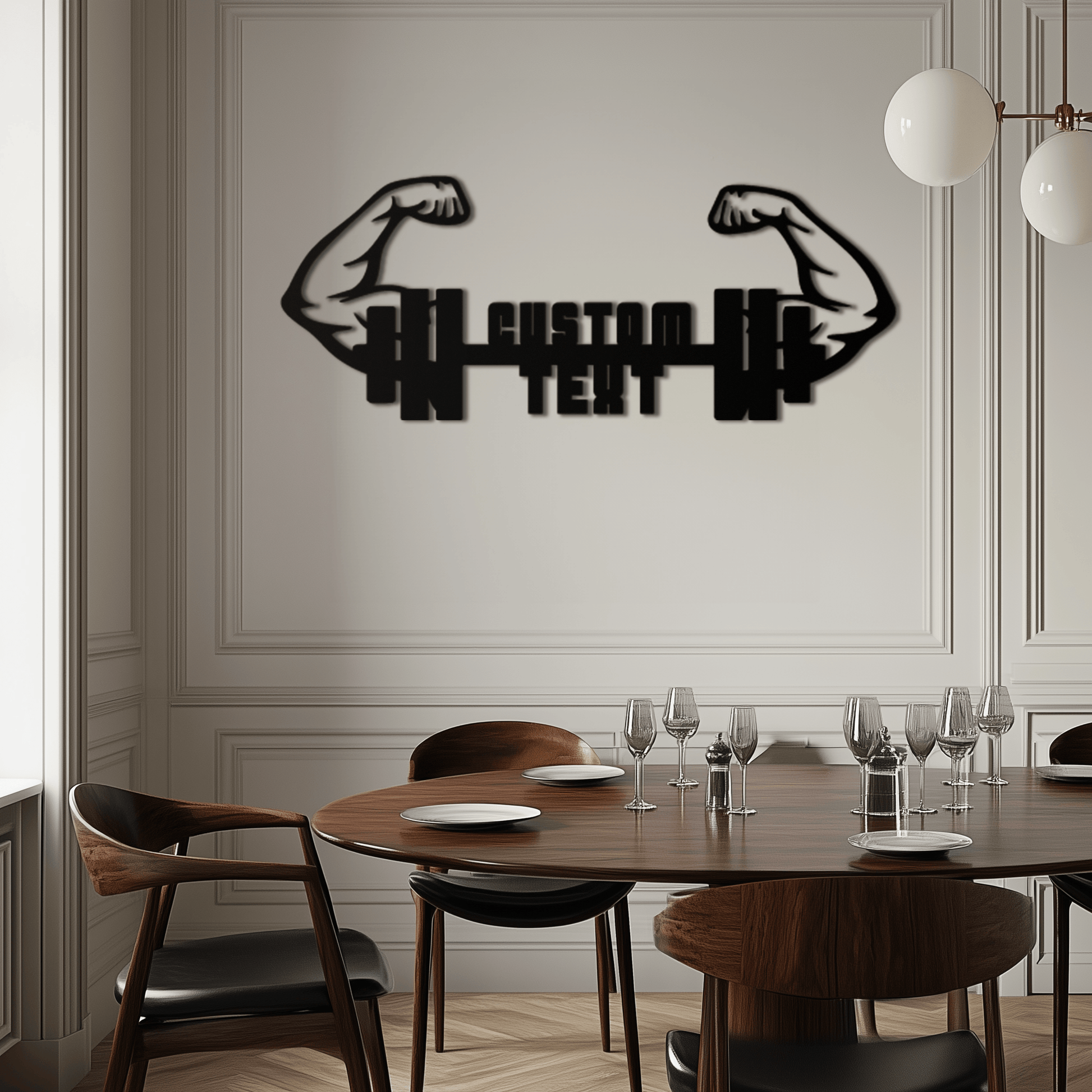 Personalized Fitness Barbell Metal Wall Art – Custom Text Muscular Arms Black Steel Decor for Gym and Workout Spaces- KAF448