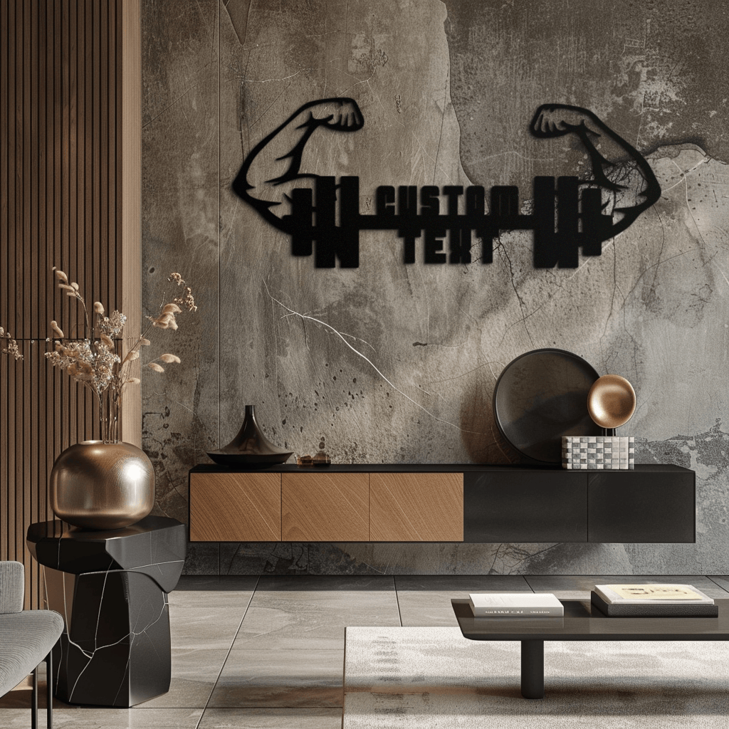 Personalized Fitness Barbell Metal Wall Art – Custom Text Muscular Arms Black Steel Decor for Gym and Workout Spaces- KAF448