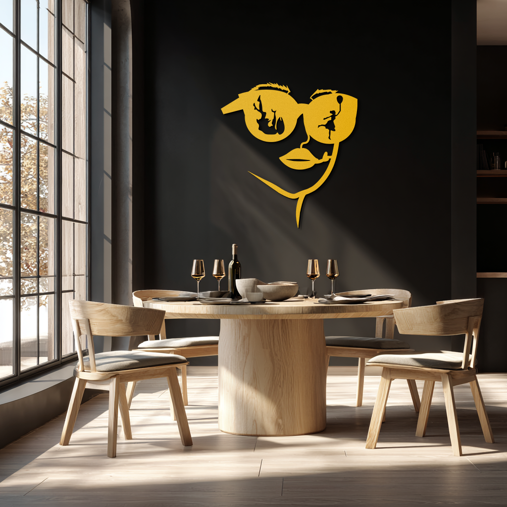 Modern Woman Face with Sunglasses Metal Wall Art – Abstract Reflective Scene Black Steel Decor for Contemporary Interiors- KAF460
